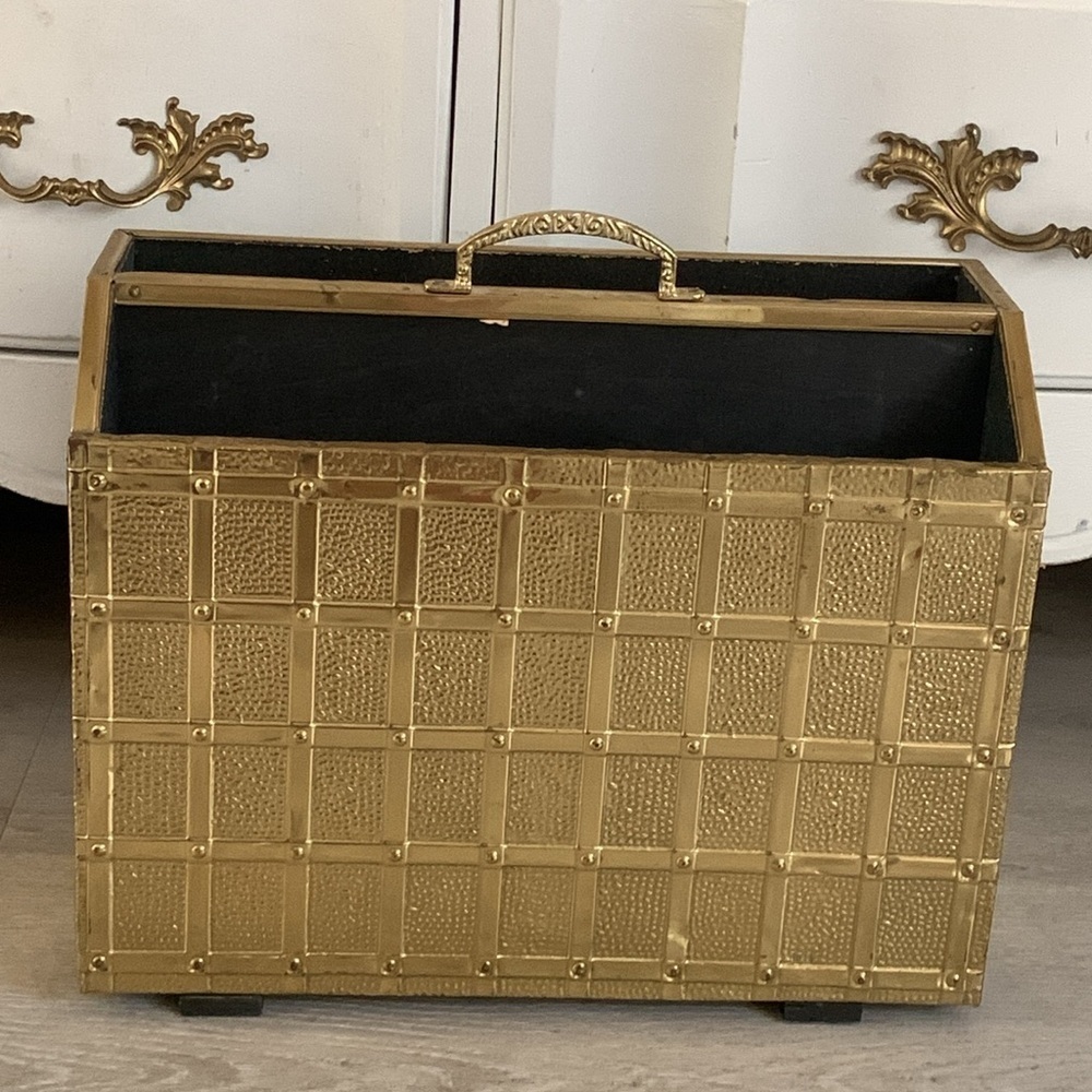 Magnificent Vintage Metal & Wood Magazine Rack Gold Brass MCM textured w handle
